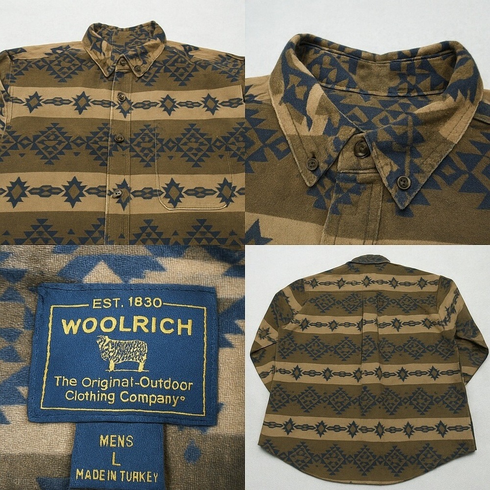 Woolrich Shirt Men Large Brown Aztec Button Down Midweight Southwestern Vintage